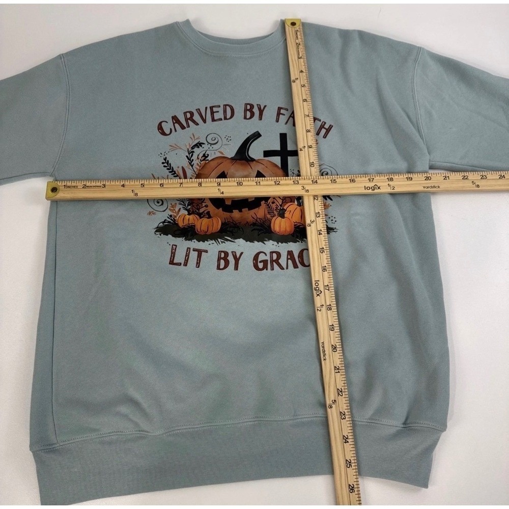 Bow-Kae Designs Sweatshirt Women S Blue Carved by Faith Pumpkin Christian Fleece - Picture 5 of 13